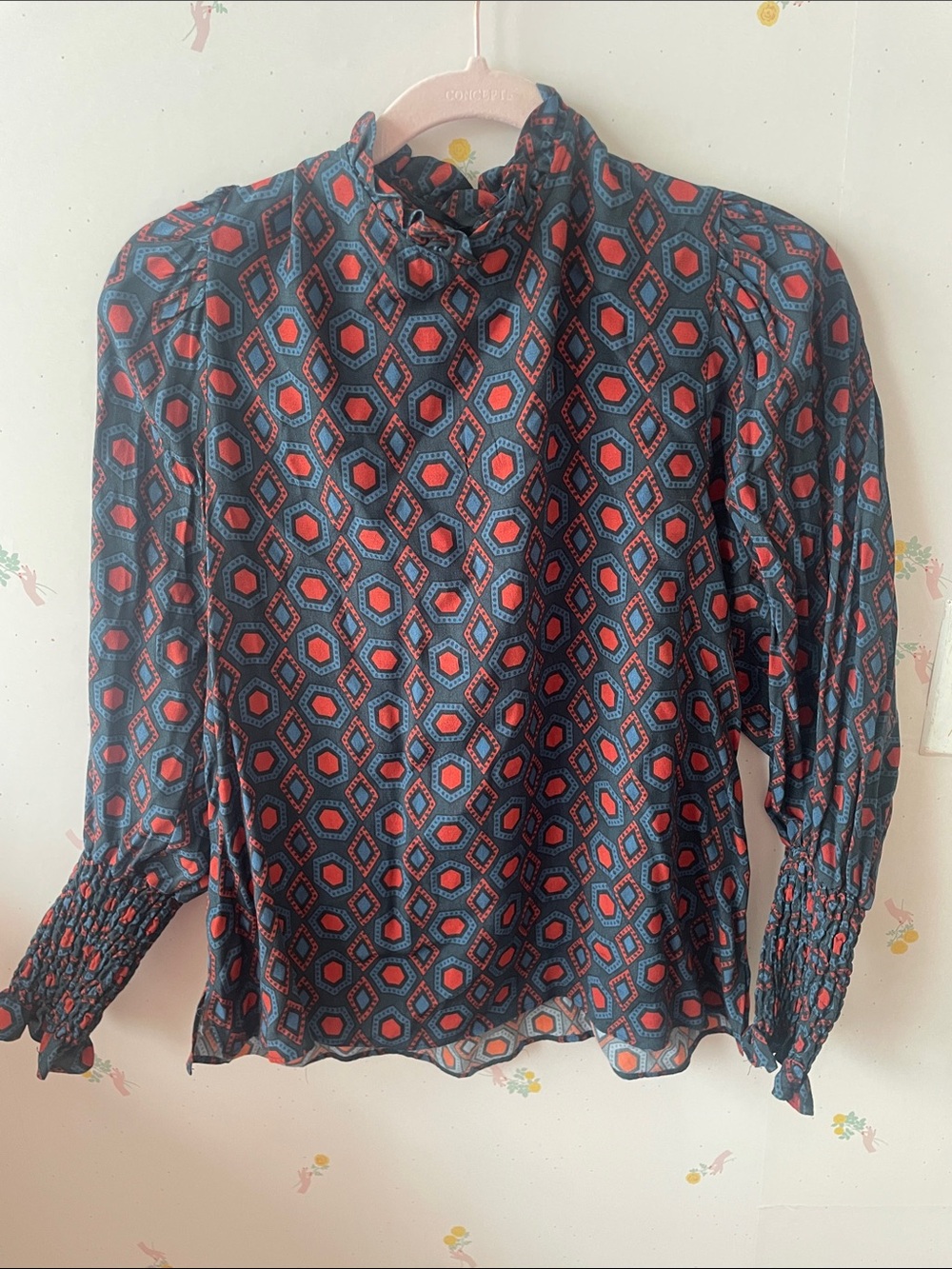 Zara Navy Blouse with Red Geometric Print